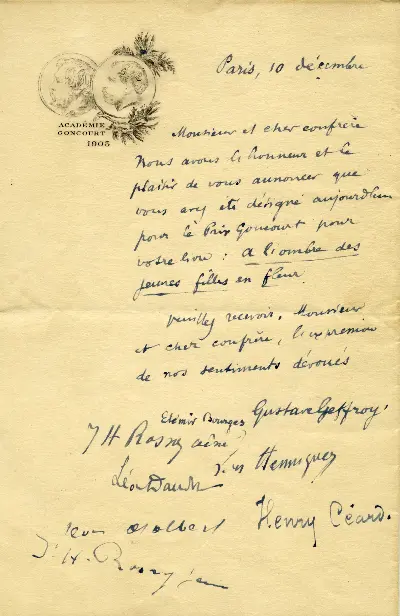 Lettre des jurés Goncourt à Marcel Proust annonçant l'attribution du prix à À l'ombre des jeunes filles en fleurs, 10 décembre 1919. Manuscrit autographe. Coll. part. Photo Francesca Mantovani © Éditions Gallimard.