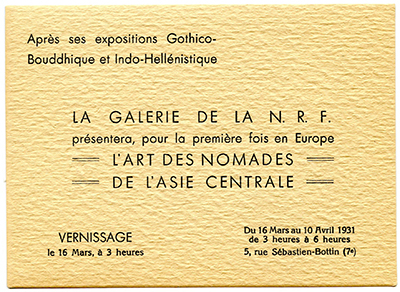 «L’art des nomades de l’Asie centrale», exposition à la Galerie de la NRF du 16 mars au 10 avril 1931. Archives Éditions Gallimard.