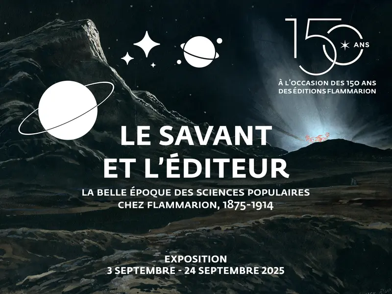Exposition « Le savant et l'éditeur. La belle époque des sciences populaires chez Flammarion, 1875-1914 », septembre 2025. Dessin de Lucien Rudaux pour une nouvelle édition des Terres du ciel de Camille Flammarion, 1913.