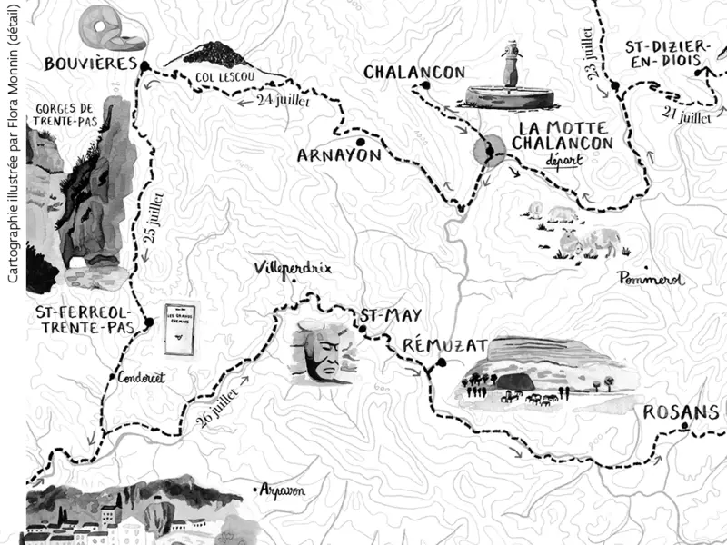 Cartographie illustrée par Flora Monnin pour Voyage à pied dans la Haute-Drôme de Jean Giono, Gallimard, 2024. © Éditions Gallimard