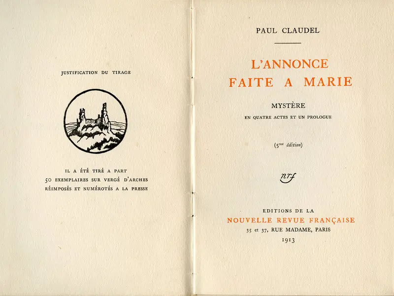 Page de titre de l'édition de 1913 de L’Annonce faite à Marie de Paul Claudel aux Éditions de la NRF. Archives Gallimard