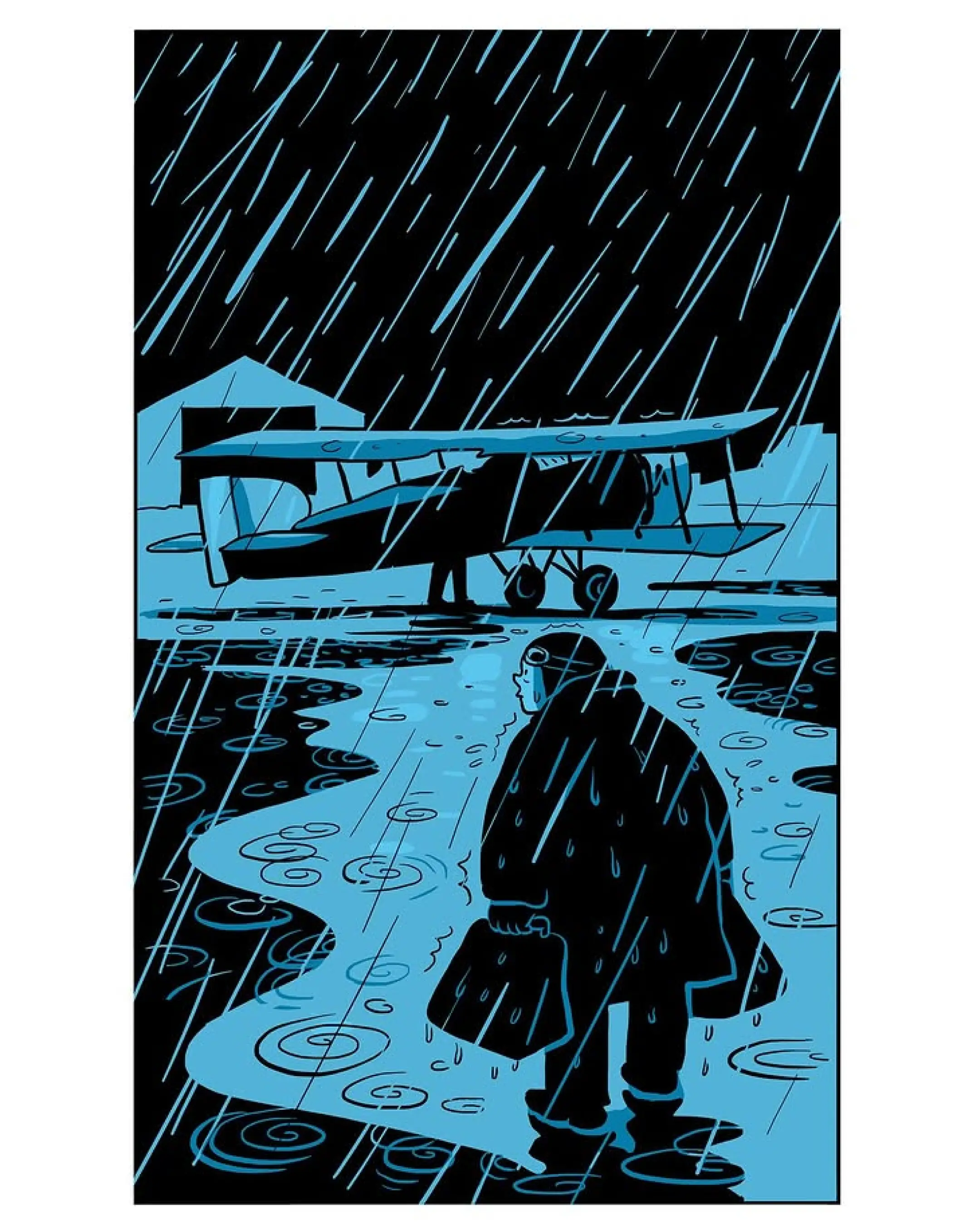 Illustration : Antoine de Saint-Exupéry sous la pluie regarde son avion