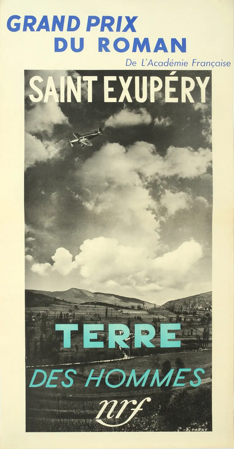 Affiche de librairie pour le Grand Prix du roman de l'Académie française à Terre des hommes d'Antoine de Saint-Exupéry, 1939. Archives Gallimard
