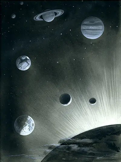 Lucien Rudaux, aquarelle pour un projet de nouvelle édition des Terres du ciel de Camille Flammarion, 1913. Archives Éditions Gallimard.
