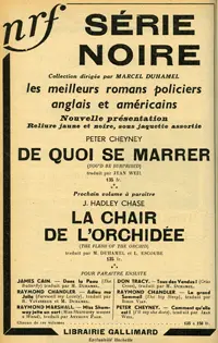 « Les meilleurs romans policiers anglais et américains ». Annonce de la Librairie Gallimard pour la Série Noire, parue dans la Bibliographie de la France, 1948. Archives Éditions Gallimard.